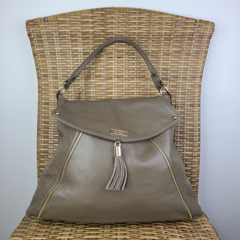 Onna Ehrlich Kelly Taupe Pebbled Leather Hobo Shoulder Handbag Tassel Gold Studs